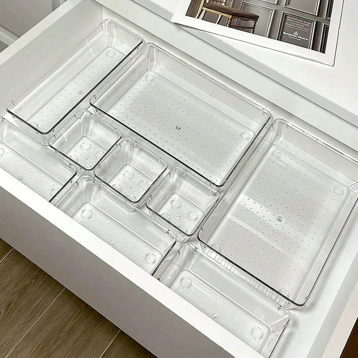 7 件套 Desk Drawer Organizers Set Plastic Bathroom Storage Makeup Organizer Clear Transparent Storage Box Drawer Organizer