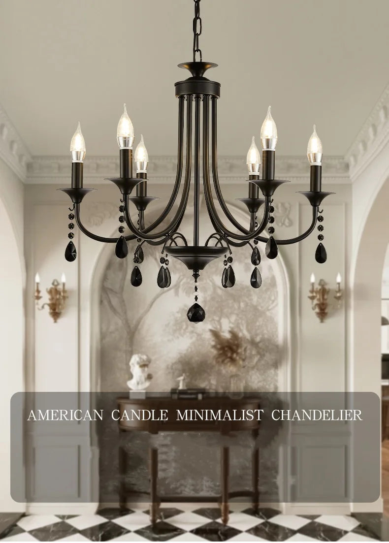 American Black Metal E14 Led Chandelier Living Room Crystal Hanging Lamp Art Decor Home Lighting Led Lamparas Luminarias