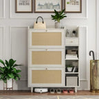 Bohemian Style Shoe Cabinet, 3 Rattan Flip Drawers, Storage Shelves, Natural Wood, 36.6 x 9.3 x 49.2 inches (White)