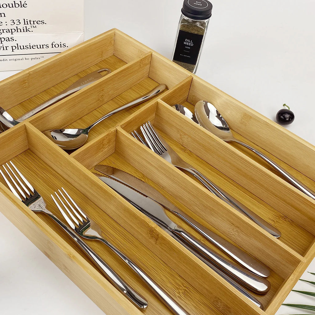 Stylish and Simple Six-grid Bamboo Knife Box, Divided Format, Western Knife Storage Box, Kitchen Supplies Storage