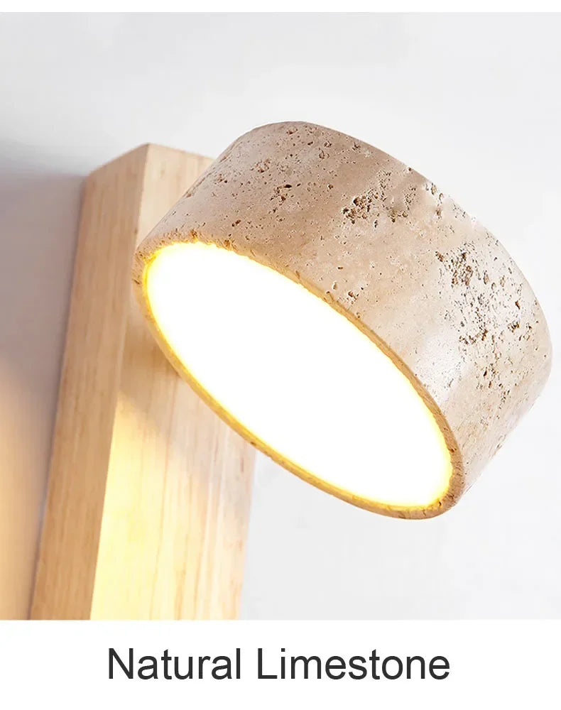 Luma Japanese Wabi Sabi Yellow Travertine Wall Lamp With Pull Chain Switch Rotable LED Wood Stone Lights for Bedside Apartment