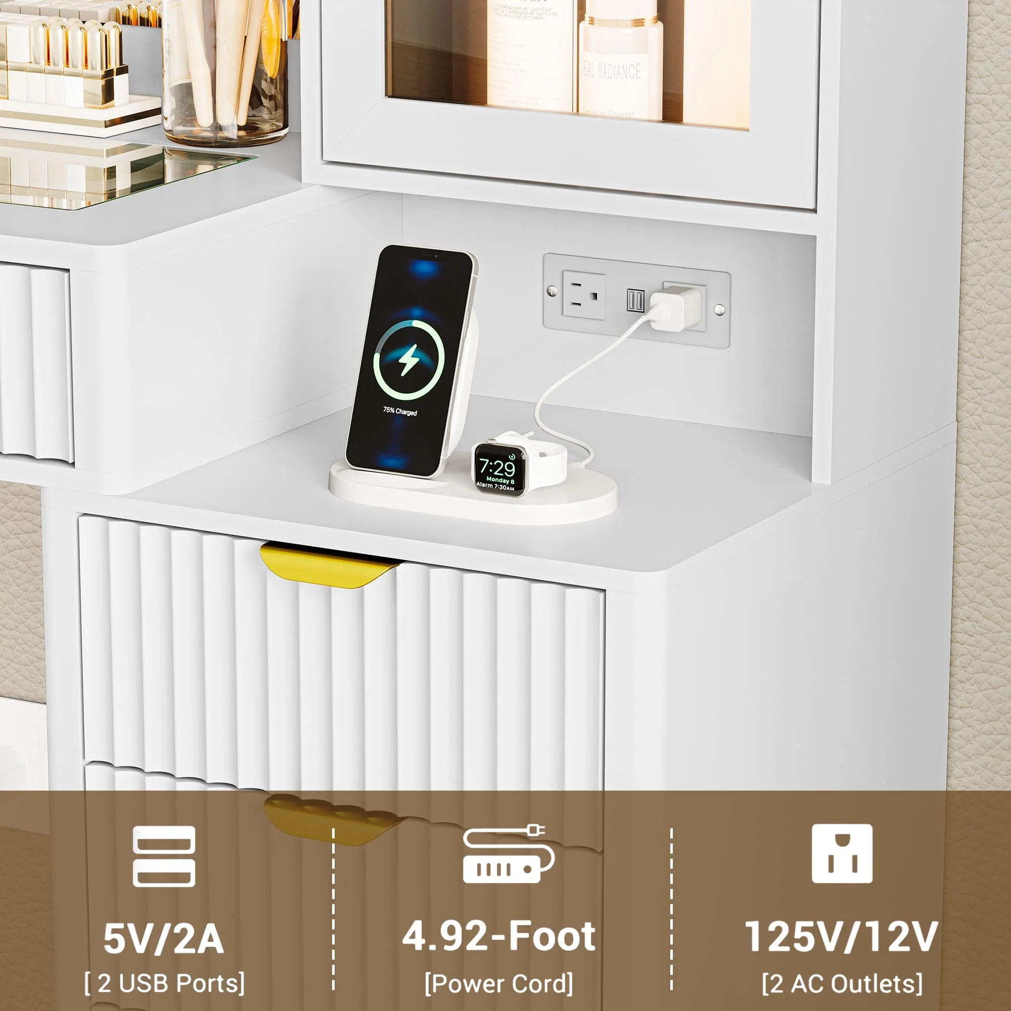 Fluted Vanity Desk with Mirror and Lights, 45" Glass Top Makeup Table Set with 5 Drawers & Storage Cabinet for Bedroom