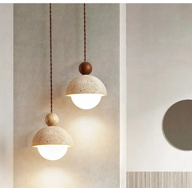 Luma Japanese Style Yellow Travertine Pendant Light, Wabi-Sabi Stone Chandeliers for Kitchen Island Bedroom Bedside Home Decor