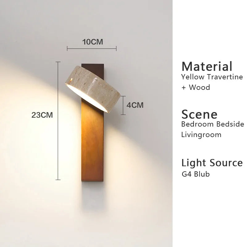 Luma Japanese Wabi Sabi Yellow Travertine Wall Lamp With Pull Chain Switch Rotable LED Wood Stone Lights for Bedside Apartment