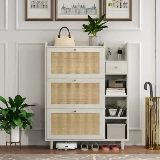 Bohemian Style Shoe Cabinet, 3 Rattan Flip Drawers, Storage Shelves, Natural Wood, 36.6 x 9.3 x 49.2 inches (White)