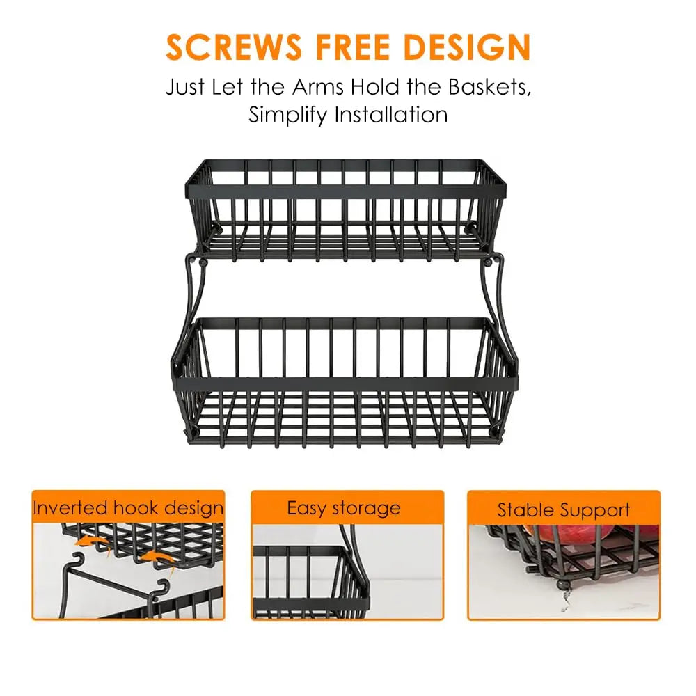 2-Layer Metal Fruit Basket, Countertop Storage Rack for Kitchen, Bathroom, Living Room - Detachable, Black