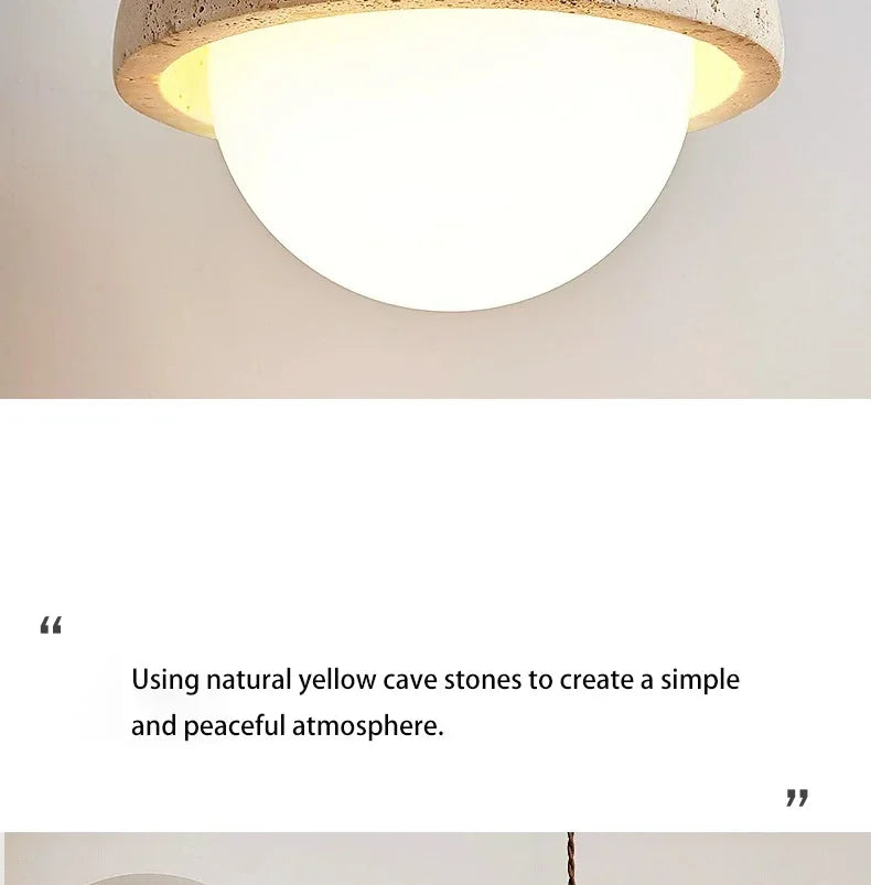 Luma Japanese Style Yellow Travertine Pendant Light, Wabi-Sabi Stone Chandeliers for Kitchen Island Bedroom Bedside Home Decor