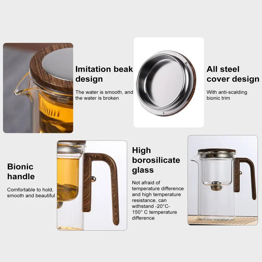 1 Set Glass Teapot Water Separation Wooden Handle Glass Tea Kettle With Infuser Drip-Free Spout Tea Pot For Tea Brewing