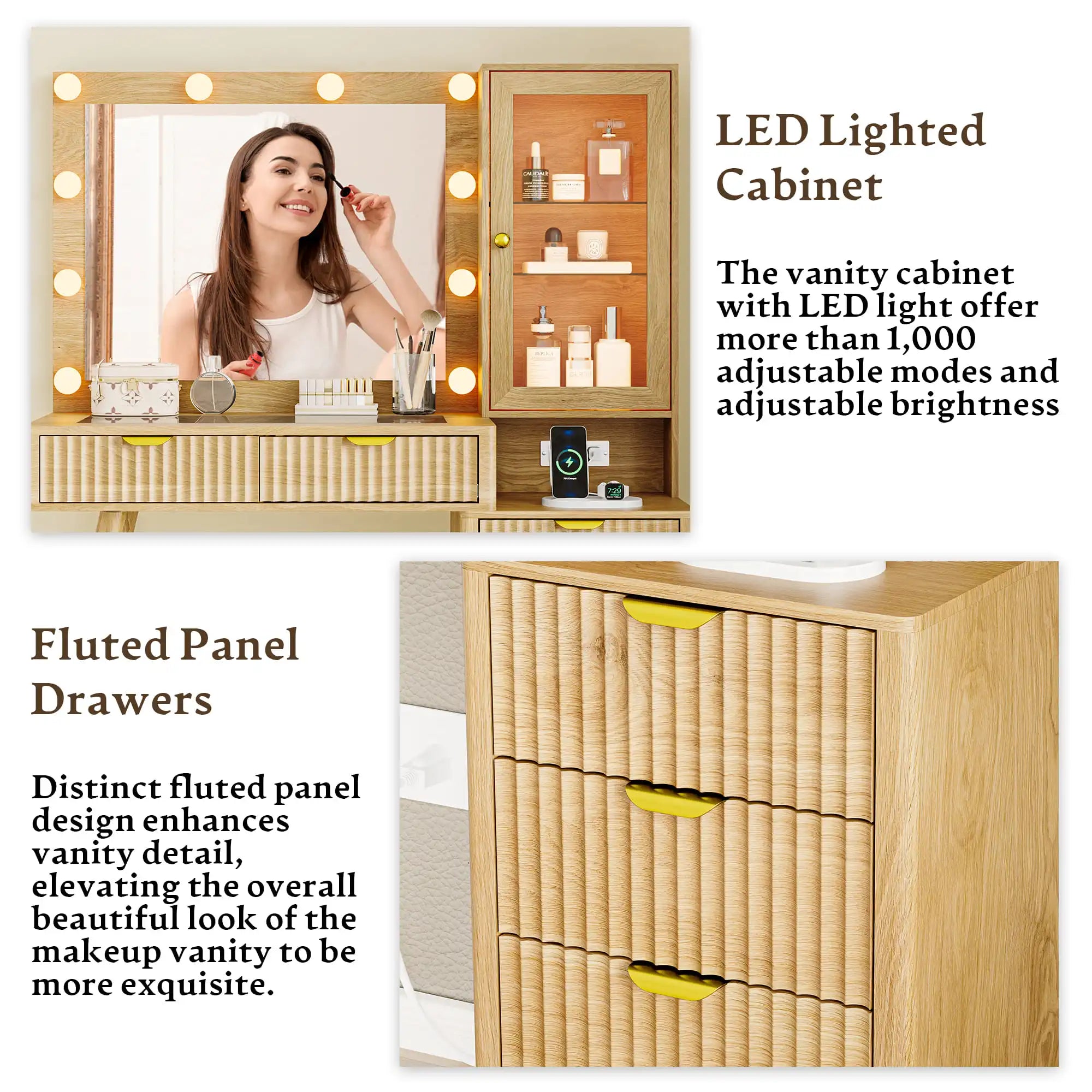 Fluted Vanity Desk with Mirror and Lights, 45" Glass Top Makeup Table Set with 5 Drawers & Storage Cabinet for Bedroom