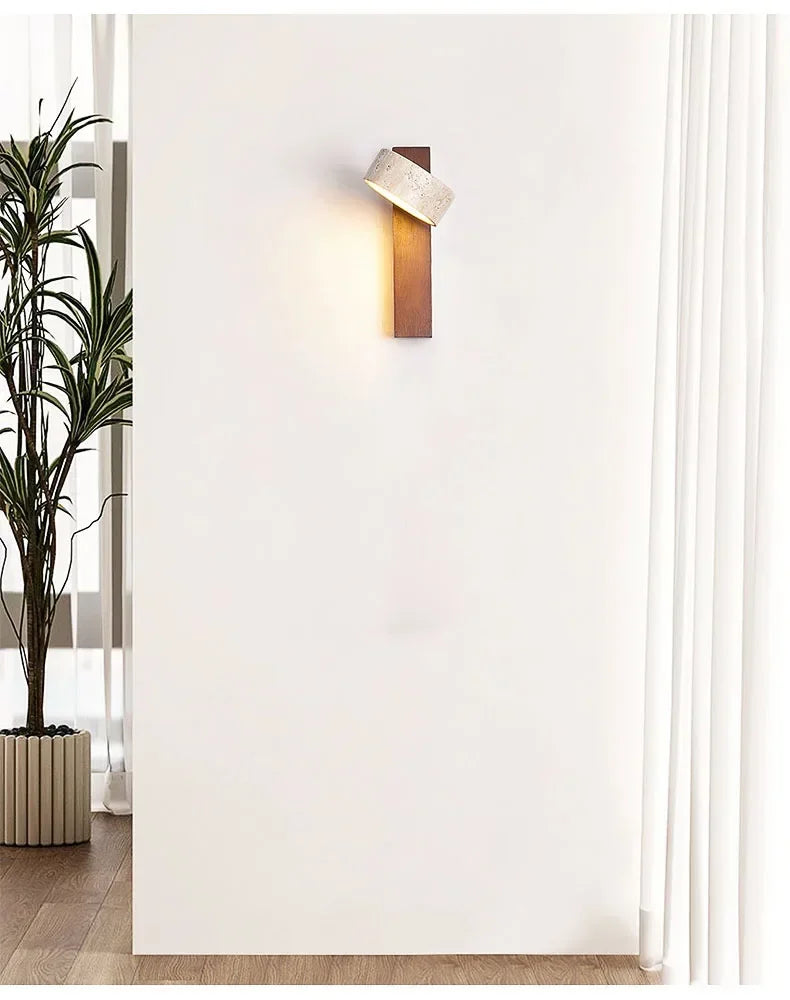 Luma Japanese Wabi Sabi Yellow Travertine Wall Lamp With Pull Chain Switch Rotable LED Wood Stone Lights for Bedside Apartment