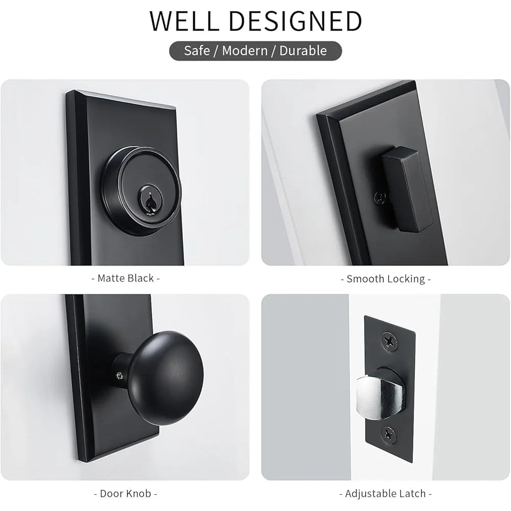 Matte Black Front Door Handle Entry Knobs Single Cylinder Deadbolt Reversible Installation Durable Easy DIY Secure Home