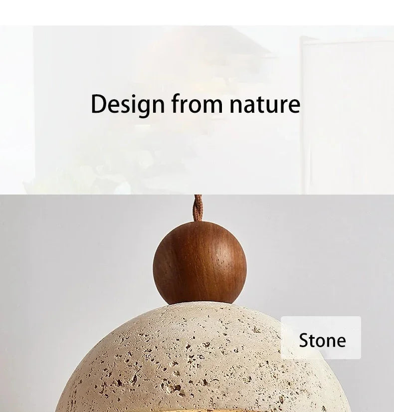 Luma Japanese Style Yellow Travertine Pendant Light, Wabi-Sabi Stone Chandeliers for Kitchen Island Bedroom Bedside Home Decor