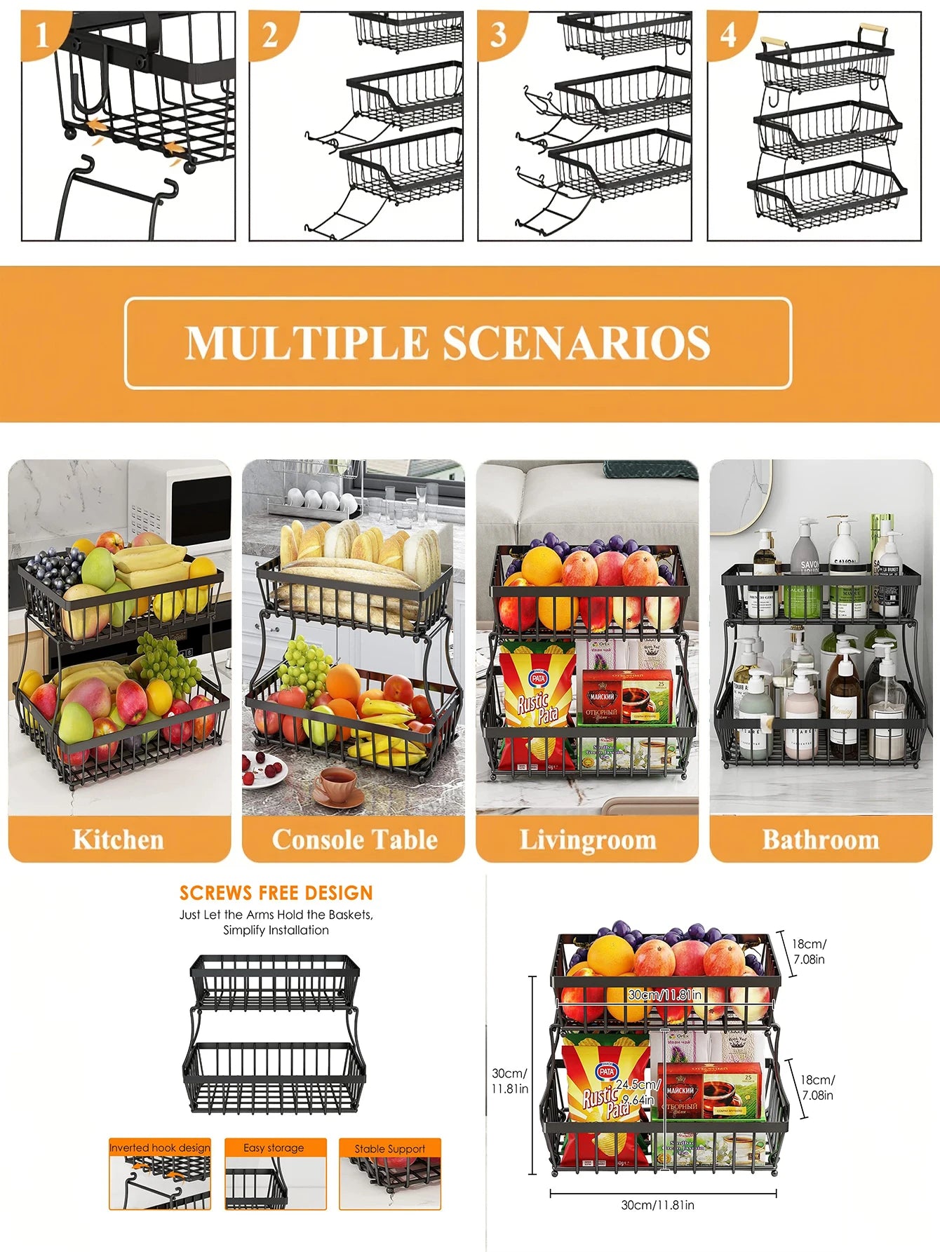 2-Layer Metal Fruit Basket, Countertop Storage Rack for Kitchen, Bathroom, Living Room - Detachable, Black