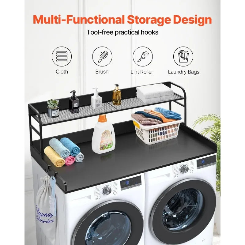 Washer Dryer Countertop with Shelf, 54" x 27" Wooden Laundry Countertop with 2 Hooks & No-Slip Pads