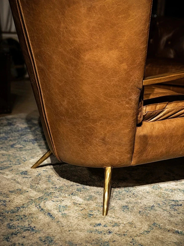 Classic retro style hand-forged chair, second-hand cafe oil wax leather sofa chair, cigar bar godfather chaise longue