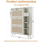 Bohemian Style Shoe Cabinet, 3 Rattan Flip Drawers, Storage Shelves, Natural Wood, 36.6 x 9.3 x 49.2 inches (White)