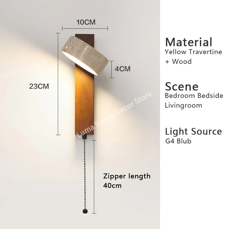 Luma Japanese Wabi Sabi Yellow Travertine Wall Lamp With Pull Chain Switch Rotable LED Wood Stone Lights for Bedside Apartment