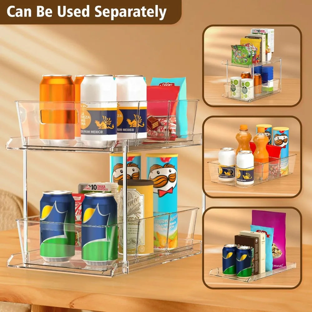 Pull-out Home Organizer, 1 Pack 2 Tier Clear Bathroom Organizer with Dividers, Multipurpose Vanity Counter Tray, Kitchen, Closet