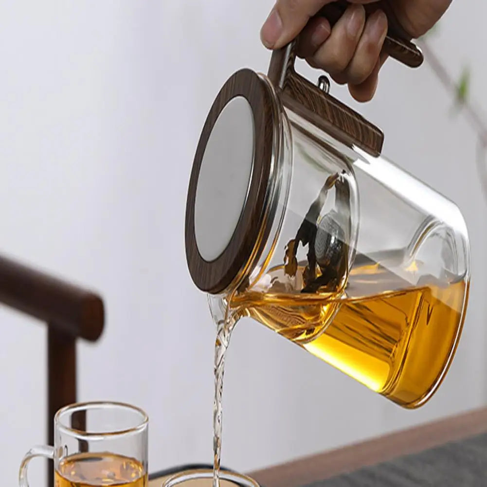 1 Set Glass Teapot Water Separation Wooden Handle Glass Tea Kettle With Infuser Drip-Free Spout Tea Pot For Tea Brewing