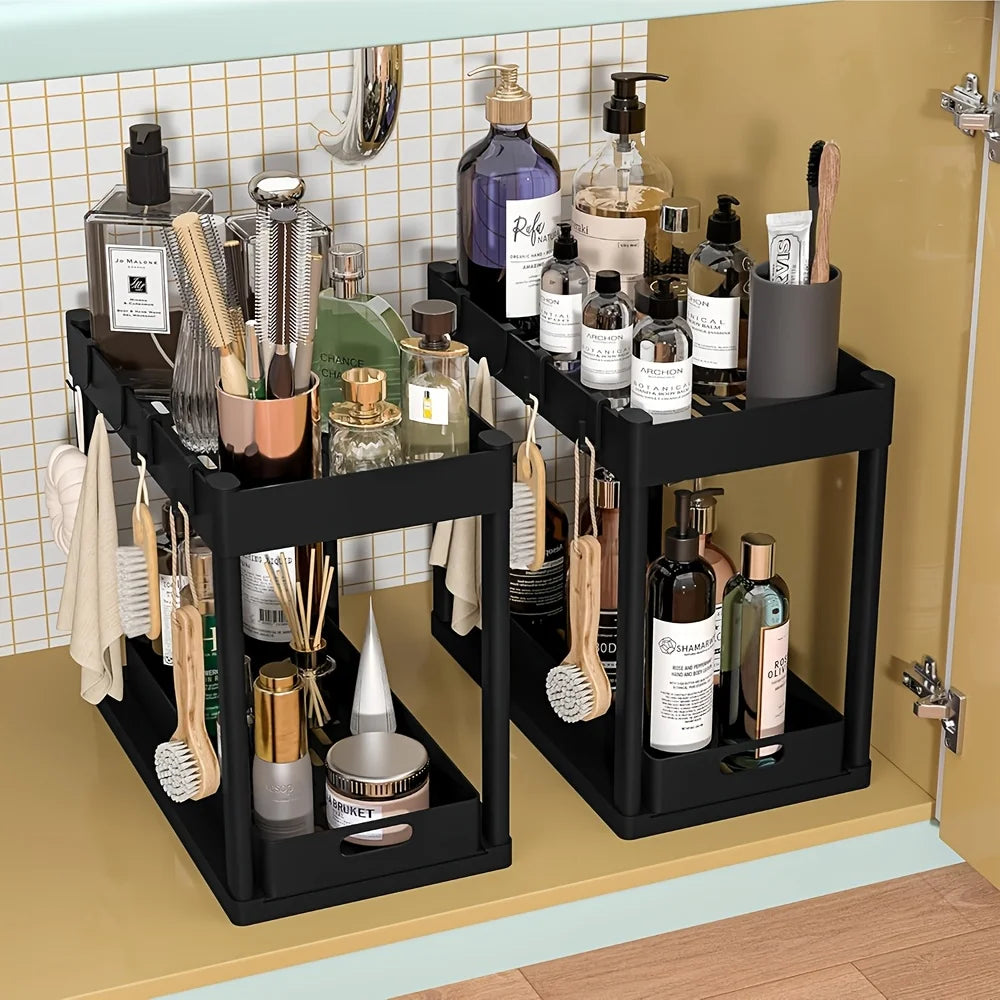 2-Tier Sliding Under Sink Organizer Multifunctional Space-Saving Bathroom Cabinet Basket Storage Drawer Under Cabinet Box