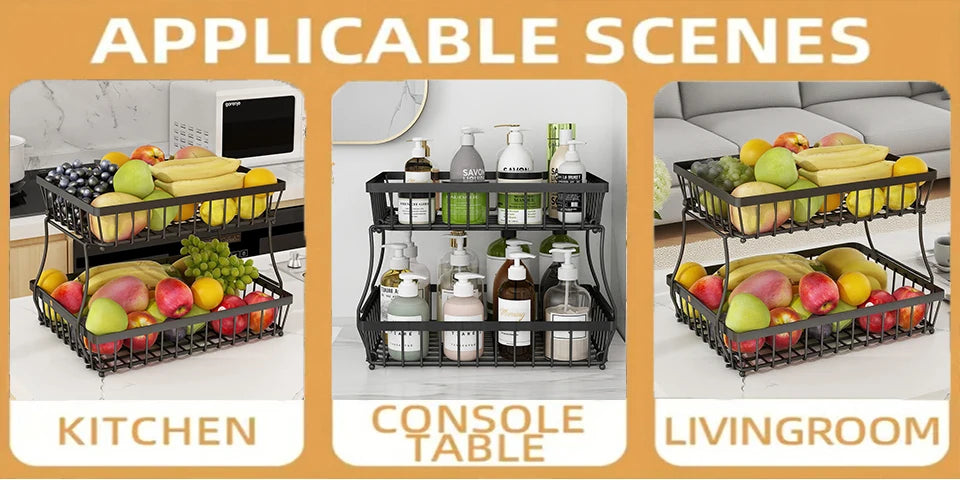 2-Layer Metal Fruit Basket, Countertop Storage Rack for Kitchen, Bathroom, Living Room - Detachable, Black