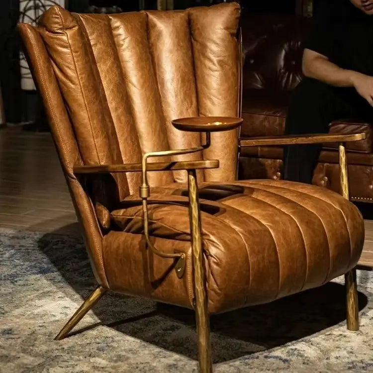 Classic retro style hand-forged chair, second-hand cafe oil wax leather sofa chair, cigar bar godfather chaise longue