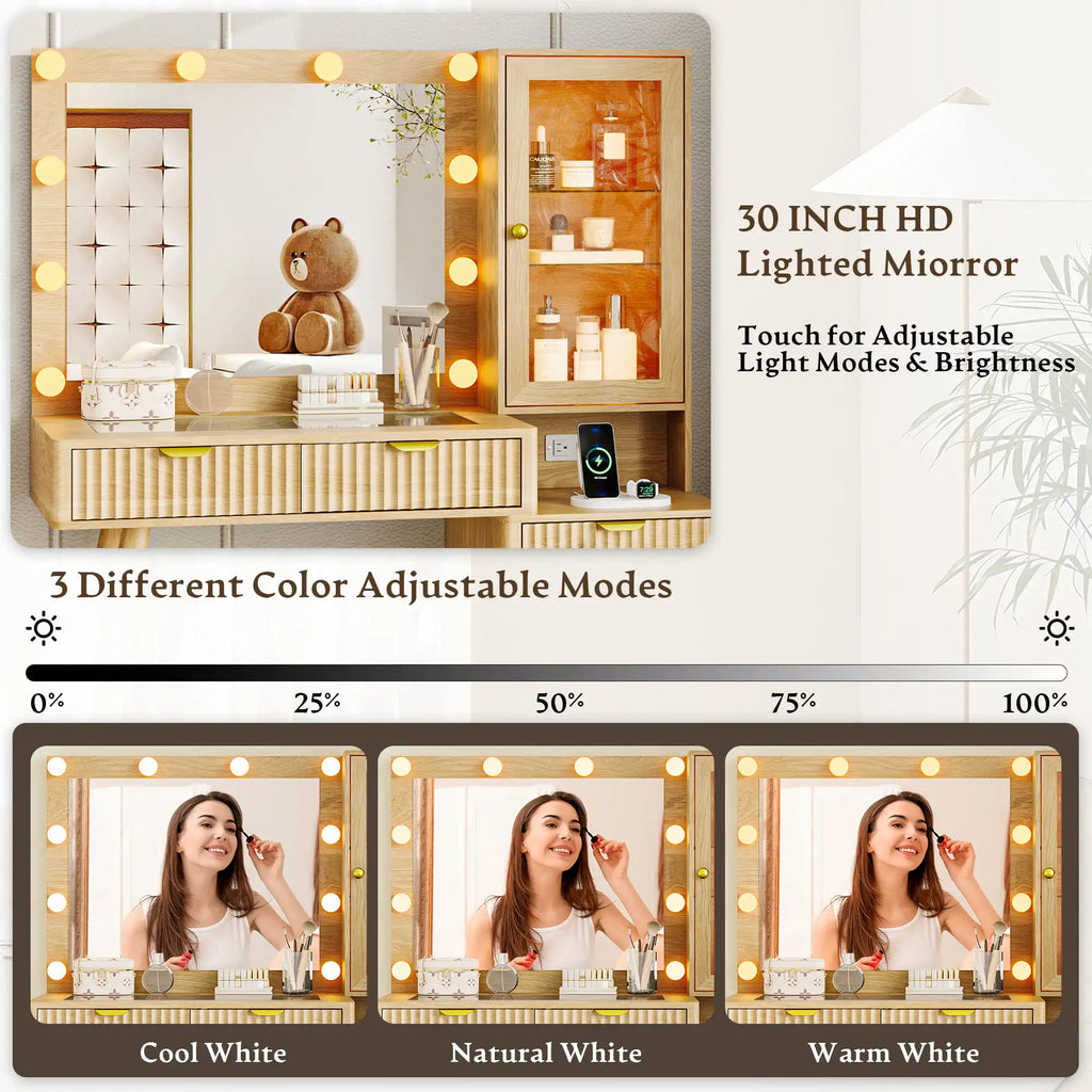 Fluted Vanity Desk with Mirror and Lights, 45" Glass Top Makeup Table Set with 5 Drawers & Storage Cabinet for Bedroom