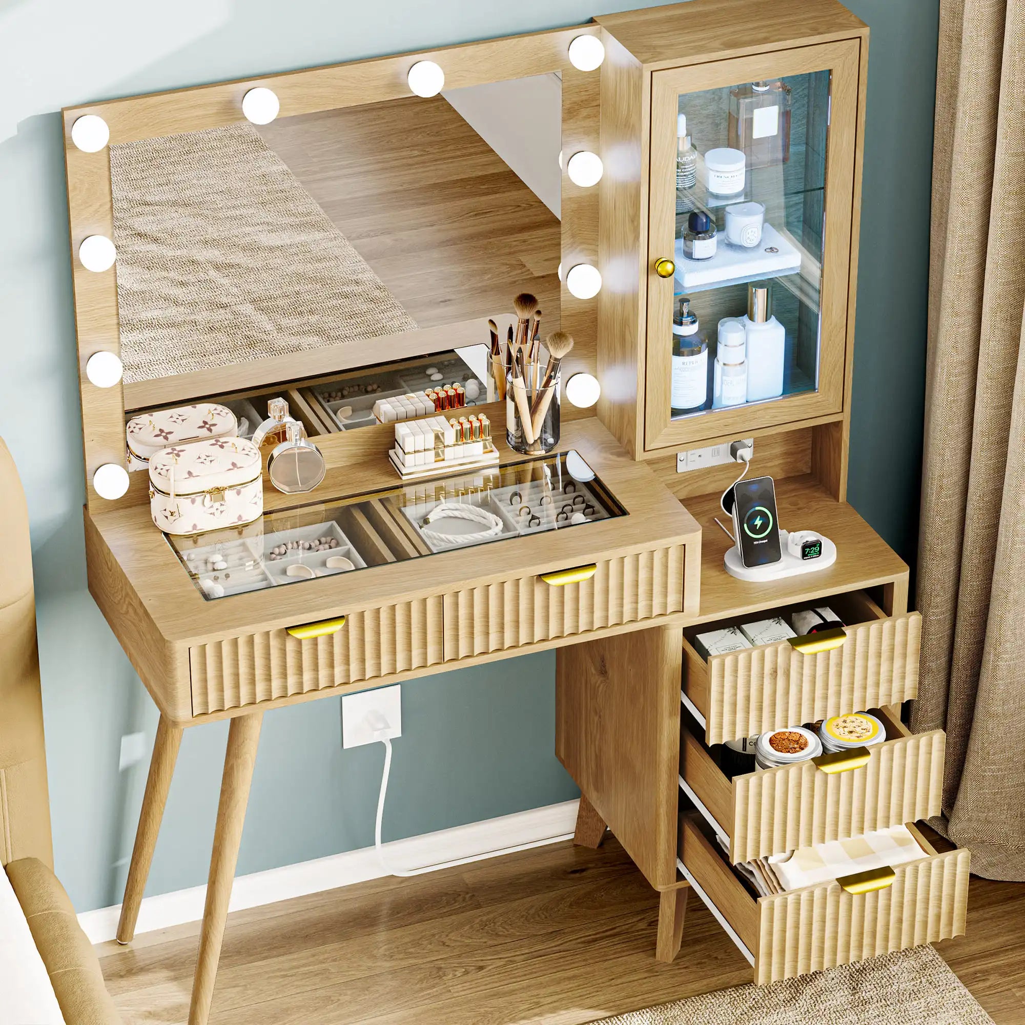 Fluted Vanity Desk with Mirror and Lights, 45" Glass Top Makeup Table Set with 5 Drawers & Storage Cabinet for Bedroom