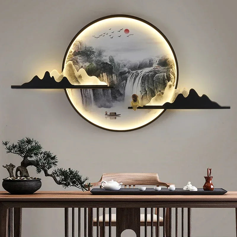 TINNY Modern Wall Picture Light LED Chinese Creative Circular Landscape Mural Sconce Lamp For Home Living Bedroom Study