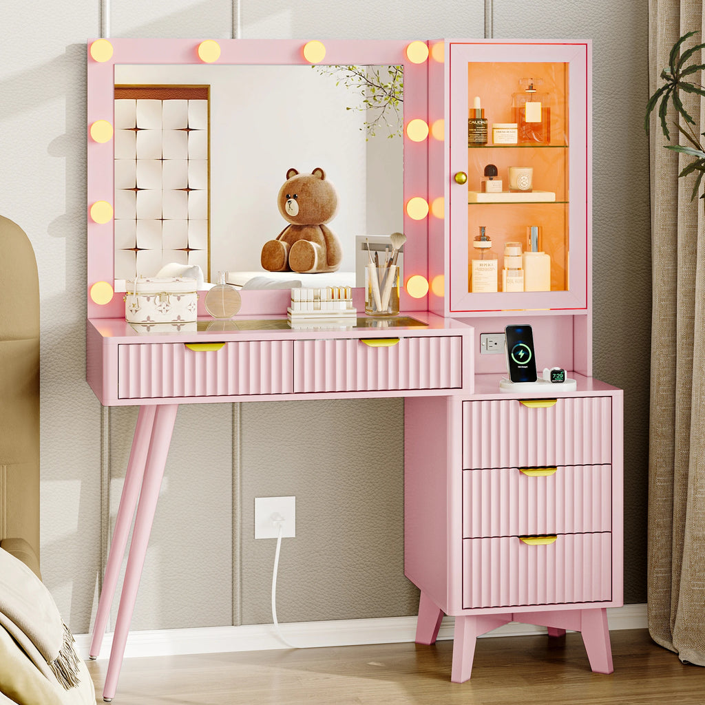 Fluted Vanity Desk with Mirror and Lights, 45" Glass Top Makeup Table Set with 5 Drawers & Storage Cabinet for Bedroom