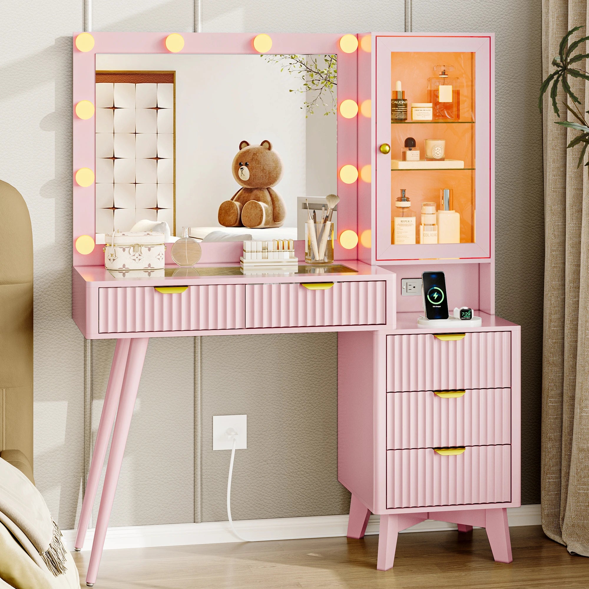 Fluted Vanity Desk with Mirror and Lights, 45" Glass Top Makeup Table Set with 5 Drawers & Storage Cabinet for Bedroom