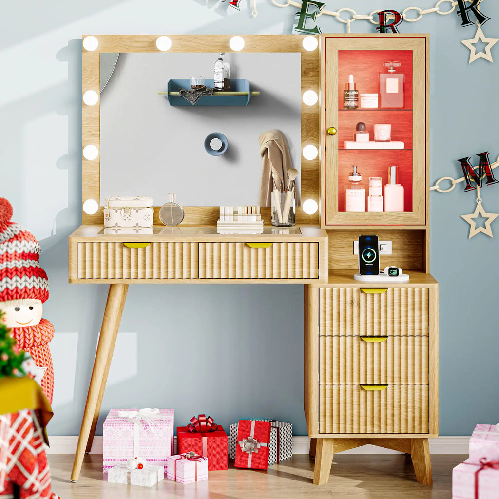Fluted Vanity Desk with Mirror and Lights, 45" Glass Top Makeup Table Set with 5 Drawers & Storage Cabinet for Bedroom