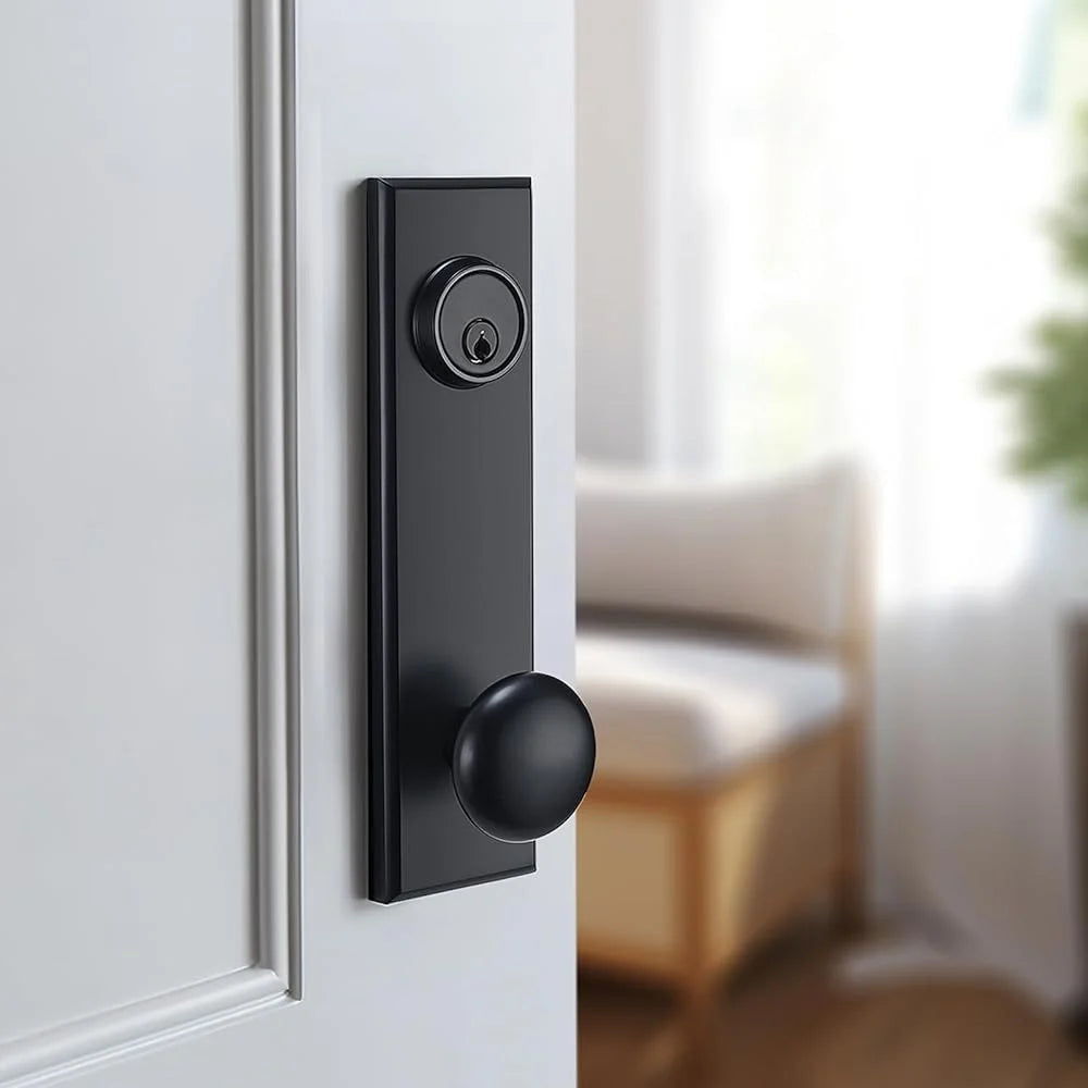 Matte Black Front Door Handle Entry Knobs Single Cylinder Deadbolt Reversible Installation Durable Easy DIY Secure Home