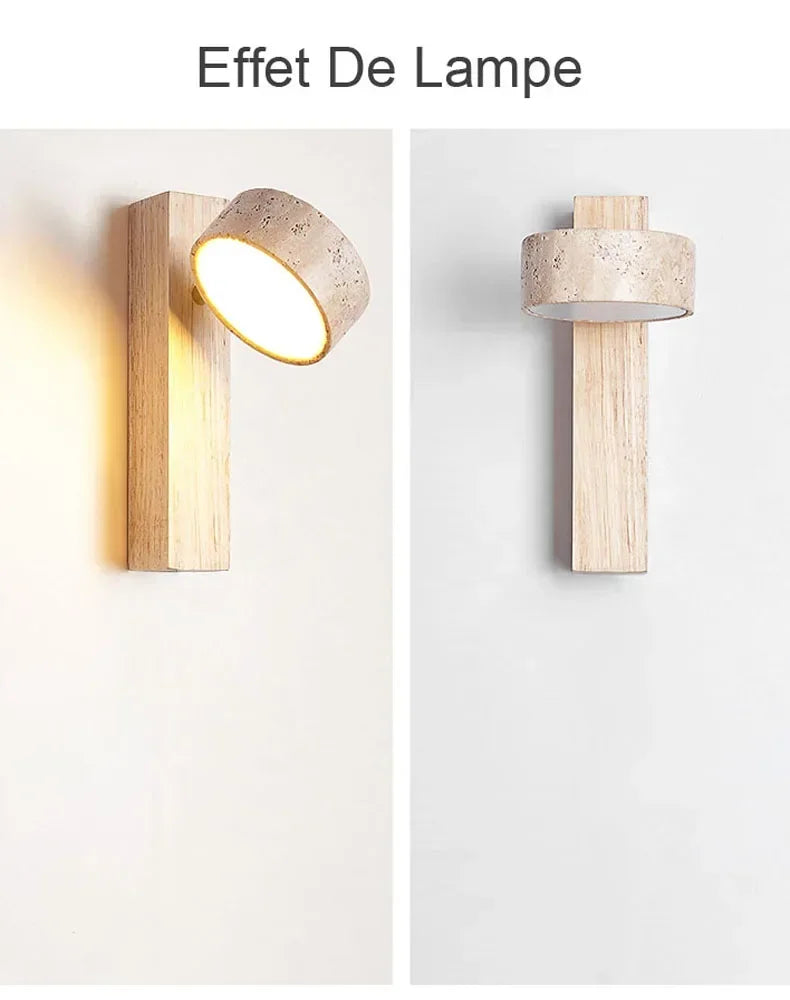 Luma Japanese Wabi Sabi Yellow Travertine Wall Lamp With Pull Chain Switch Rotable LED Wood Stone Lights for Bedside Apartment