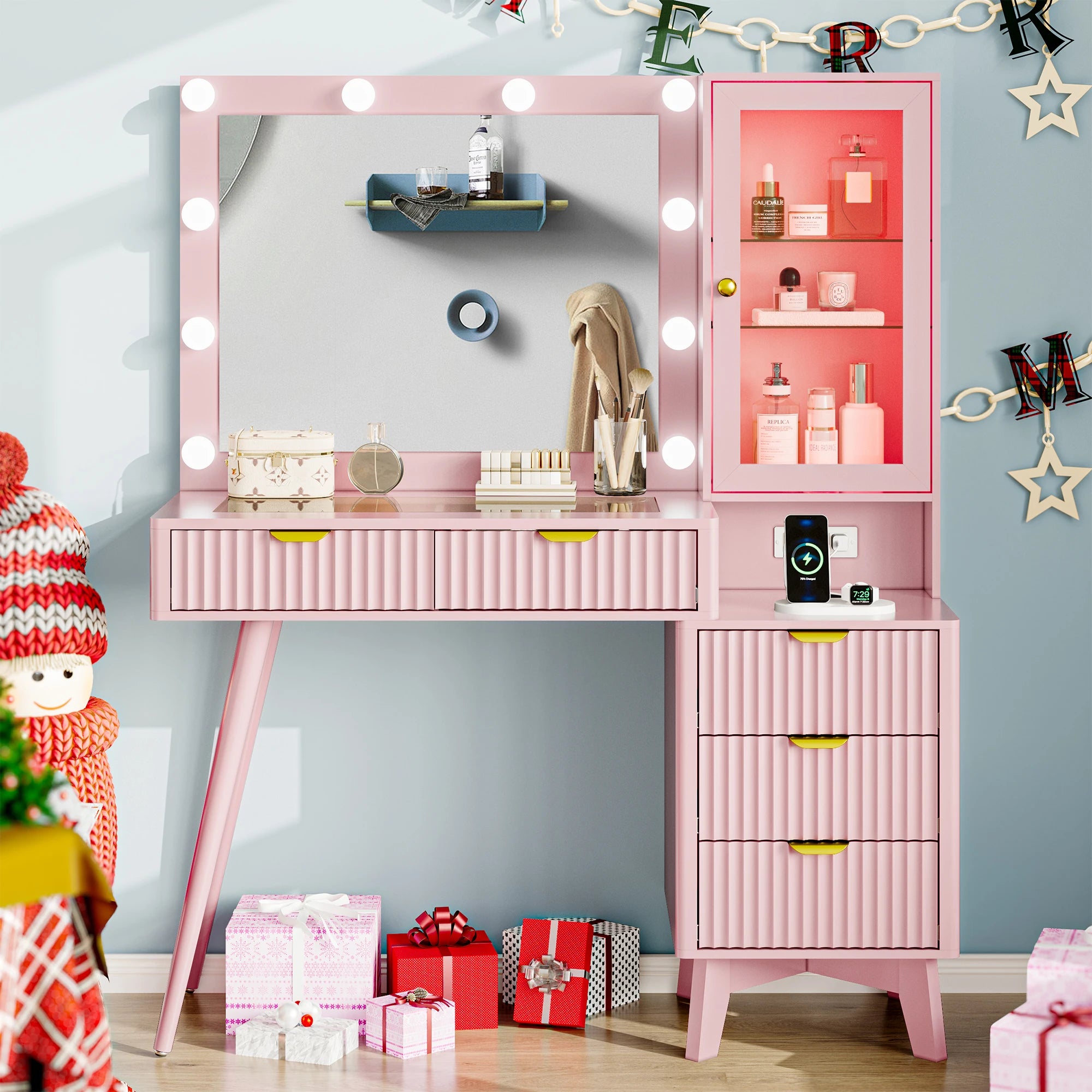 Fluted Vanity Desk with Mirror and Lights, 45" Glass Top Makeup Table Set with 5 Drawers & Storage Cabinet for Bedroom