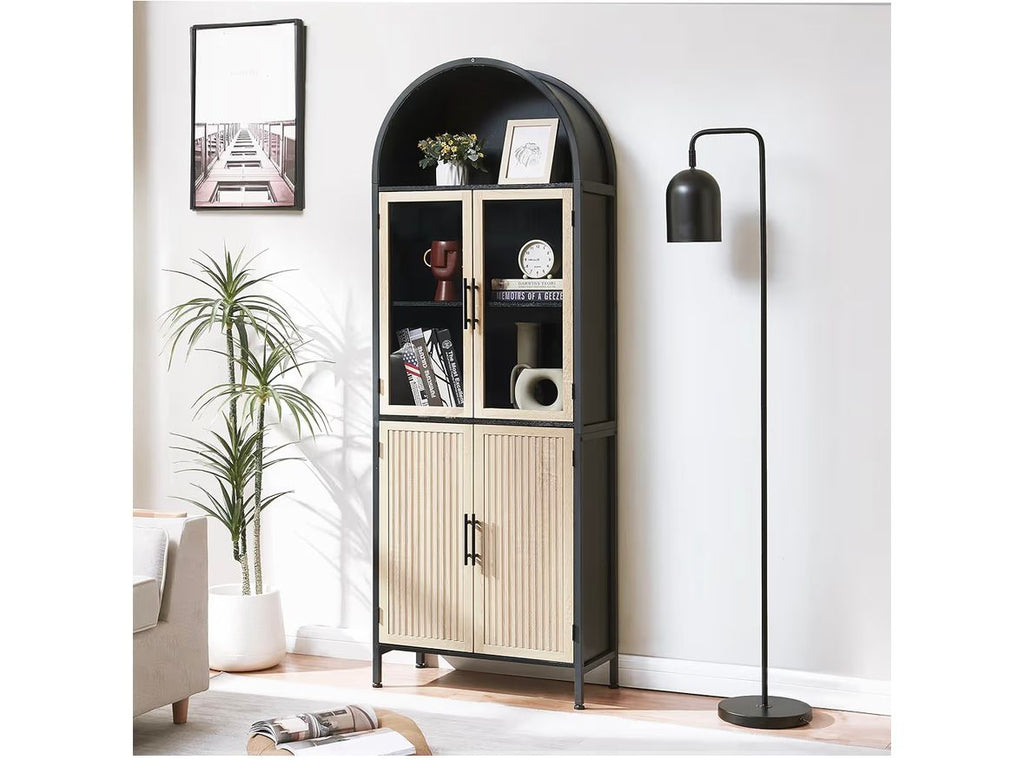 Arched Storage Cabinet with Glass Doors & Shelves, 5-Tier Farmhouse Bookcase Bookshelf Tall Floor Curved Hutch Storage Cabinet for Living/Dining/Office - Oak&Black