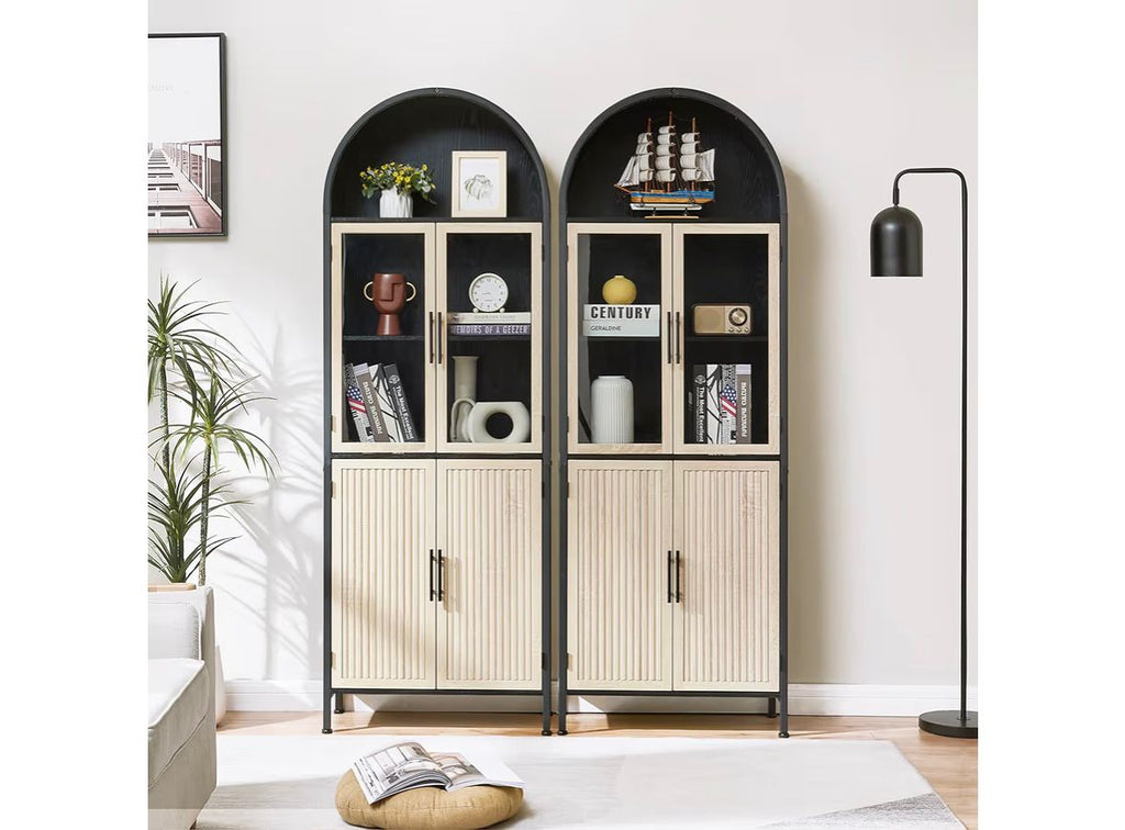Arched Storage Cabinet with Glass Doors & Shelves, 5-Tier Farmhouse Bookcase Bookshelf Tall Floor Curved Hutch Storage Cabinet for Living/Dining/Office - Oak&Black
