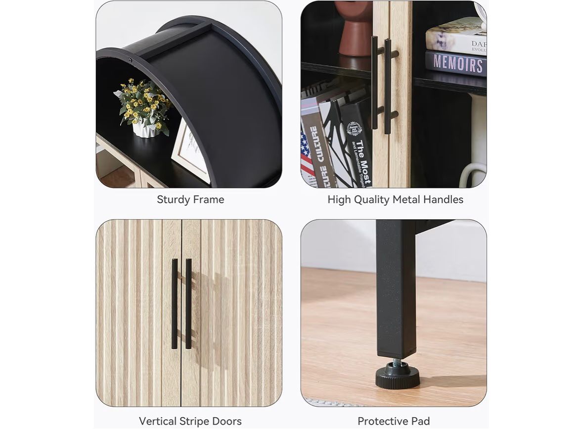 Arched Storage Cabinet with Glass Doors & Shelves, 5-Tier Farmhouse Bookcase Bookshelf Tall Floor Curved Hutch Storage Cabinet for Living/Dining/Office - Oak&Black