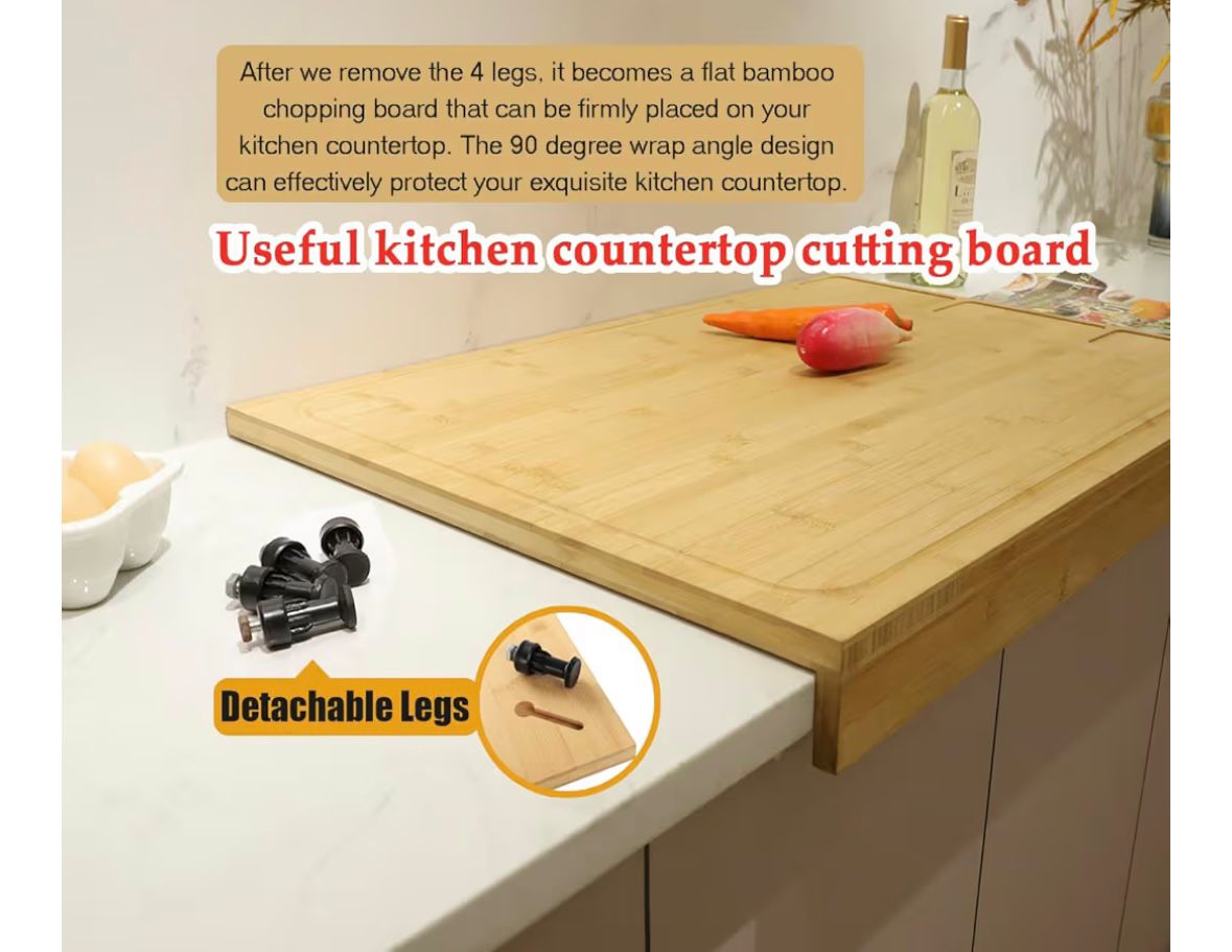 Premium Extra Large Bamboo Cutting Board and Stovetop Cover, Stove Top Cover Chopping Board with Detachable Legs and Juice Groove, Sink Cover Board, for Restaurant Kitchen Countertop
