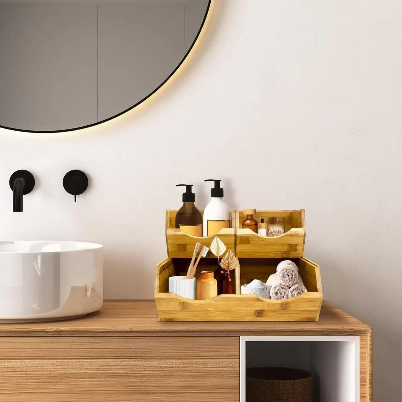 Premium Style Detachable and Stackable Bamboo Storage Box Bookcase Home Office and Living Room Pantry Storage Bins